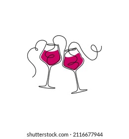 Gafas de vino de línea continua sobre fondo blanco. Ilustración vectorial minimalista para la decoración de restaurantes y bares y el diseño de vacaciones.