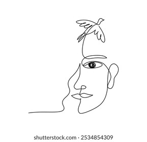 Continuous line art of a woman with bird in freedom concept,editable stroke.