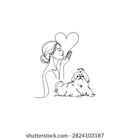 Continuous line art of woman blowing a heart kiss to her shih tzu dog