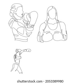 Continuous line art woman boxer.  One line drawing of a healthy boxer vector illustration. Minimal line drawing of young sporty woman boxing. Boxing match promotion poster