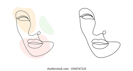 Continuous line art woman face with abstract shapes. Elegant minimalistic portrait for prints, tattoos, posters, textiles, postcards. Vector illustration