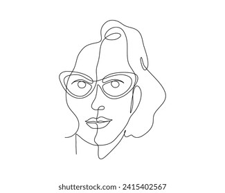 Continuous line art of a woman face ware cat eye glasses, editable lineart vector illustration.