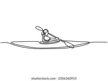 Arte de línea continua de una mujer en kayak con un barco. Concepto deportivo de aventura atlética en diseño minimalista.