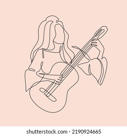 Continuous Line Art Woman Playing Guitar. Line Drawing Minimalist Music Player Vector