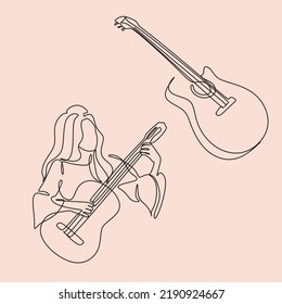 Continuous line art woman playing guitar. Line drawing minimalist music player Vector
