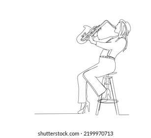  Continuous line art of woman playing saxophone vector illustration. Single line drawing of saxophone player. Hand drawn minimalism style.