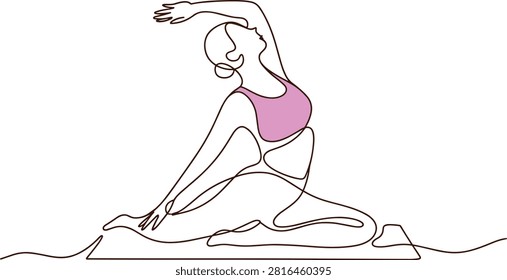 Continuous line art of a woman practicing yoga on a mat with a pink sports bra.
