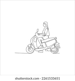 continuous line art woman riding motorbike
