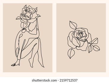 Arte de línea continua mujer silueta y brote de rosa Resumen composición minimalista de dibujo de una línea para arte de pared, afiche, impresión, textil, tatuaje, logo. Ilustración del vector