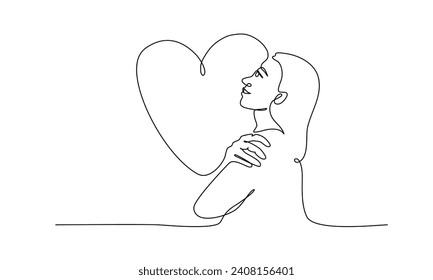 Continuous line art of a woman smiling and hugging self in self-love concept.