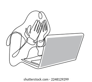 Continuous line art of a woman suffering from cyber bullying. Harsh and unchecked use of social media and its consequences.