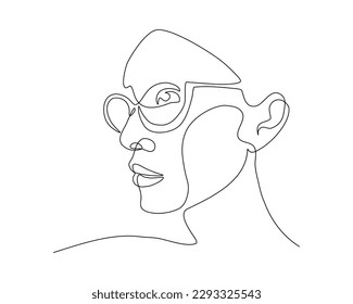 Continuous line art of a woman were cat eye glasses, lineart vector illustration.