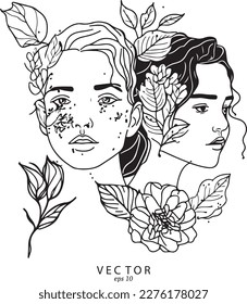 Continuous Line Art Women's Faces with Flowers and Leaves - Elegant Vector Illustrations for Prints, Tattoos, Posters, Textiles, and More