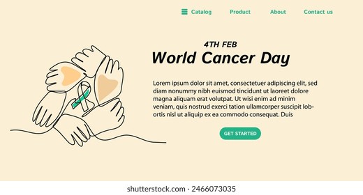 Continuous line art World Cancer day Vector illustration, hand and ribbon symbol