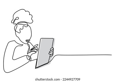 Continuous line art of a young afro American using tablet.