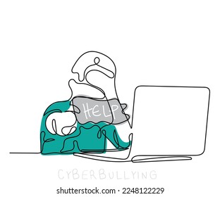 Continuous line art of a young boy suffering from cyber bullying. Negative impact of excessive exposure of social media to young kids. Depression in children. 