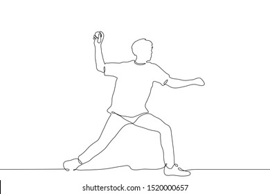 Continuous line art young man throws a ball. The athlete swung to hit the ball. Full height baseball player. It can be used for animation. Vector
