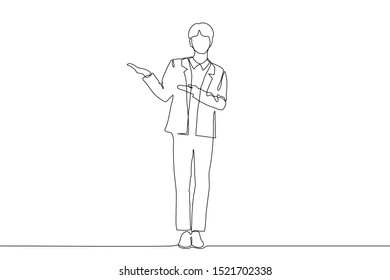 Continuous line art a young man in a suit points with two hands to an invisible object on the top right in front of him