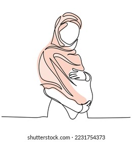 Continuous line art of a young Muslim pregnant woman. Pregnancy and its management concept art. Healthy pregnancy. Beauty of motherhood. Awareness poster and banner design. Hand drawn simple drawing.