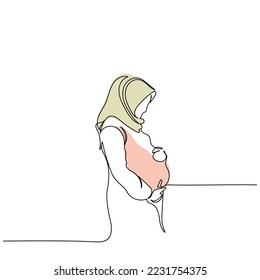 Continuous line art of a young Muslim pregnant woman. Pregnancy and its management concept art. Healthy pregnancy. Beauty of motherhood. Awareness poster and banner design. Hand drawn simple drawing.