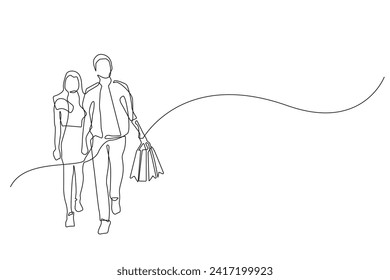 continuous line art of young people shopping.continuous line of young people shopping.