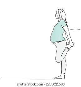 Continuous line art of a young pregnant woman trying to keep herself fit and healthy with exercise and yoga. Expecting lady. holistic approach to life. isolated vector