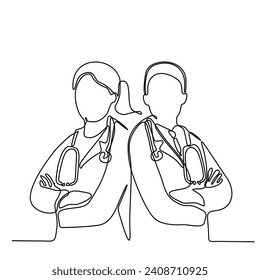 continuous line art of young professional male and female doctors standing with arms crossed, smiling, looking for decoration. Hand drawn style. isolated vector illustration