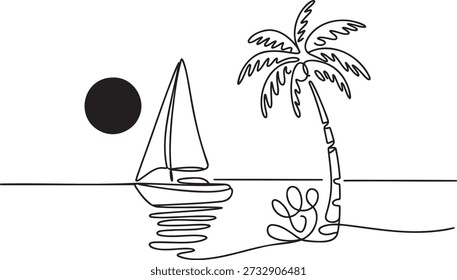 Obra de arte de línea continua que representa un paisaje marino tranquilo con un velero que navega por aguas tranquilas adyacentes a una palmera solitaria bajo un sol circular. Representación mínima de un elemento de paisaje tropical al atardecer o al amanecer.