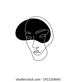 Continuous line asian face. Contemporary female portrait. Hand drawn line art of woman with liquid colored shape element. Beauty fashion minimalist concept. Vector illustration.