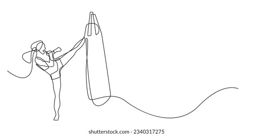 continuous line athlete kicking bag.single line athlete kicking vector.isolated line drawing white background