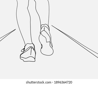 Continuous Line, Athlete Runner Feet Running On Treadmill . Drawing Of Set Sport. (Vector Illustration One Line Drawing)