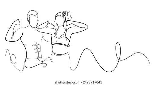 continuous line of athletic couple showing arm muscles.one line drawing of man and woman showing healthy bodies in fitness center.single line vetor illustration