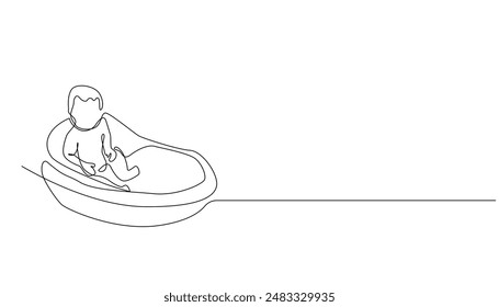 continuous line baby bathing.one line drawing of toddler child sitting in bathtub.single line vector illustration.isolated white background