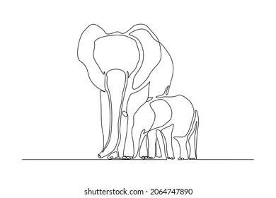 Continuous line of baby elephant and mom. Single one line art parent elephant and kids vector illustration