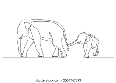 Continuous Line Of Baby Elephant And Mom. Single One Line Art Parent Elephant And Kids Vector Illustration