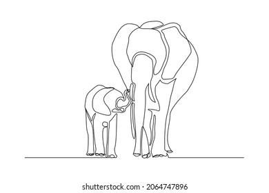 Continuous line of baby elephant and mom. Single one line art parent elephant and kids vector illustration