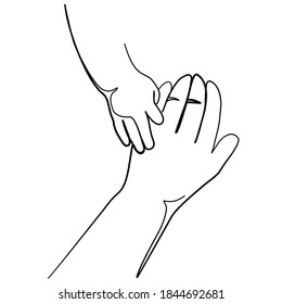 Continuous line, Baby hand holding mother's hands. Drawing of set People. (Vector illustration one line drawing)