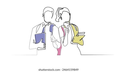 continuous line back to school.one line drawing of male and female students standing with bags and books.education single line concept