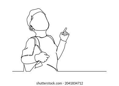 línea continua de vuelta a la escuela. Niño pequeño apuntando en la pizarra. Niño de la escuela primaria con libro y bolso. Educación.
