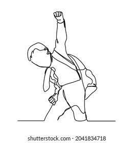 continuous line back to school. Little boy pointing up on blackboard . Elementary school boy with book and bag . Education.
