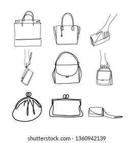 Continuous line bags. One line drawing. Bags isolated on white. Minimalistic style. Continuous vector line