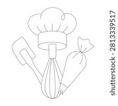 Continuous Line Baking Tools Vector Illustration with Chef Hat, Whisk, Spatula and Piping Bag