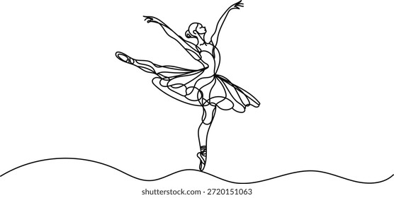 Baile de bailarina en línea continua. Ilustración de línea continua elegante de una bailarina bailando en punta. Proyectos de danza, arte, belleza y diseño moderno.
