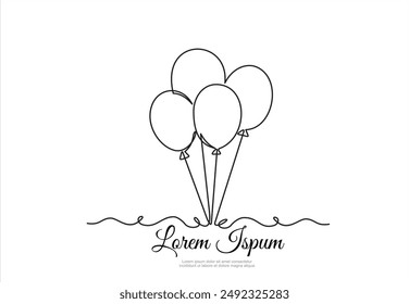 Continuous line  balloons. Holiday festive present gift concept. Birthday party decoration helium balloons silhouette design. Sketch outline drawing vector illustration