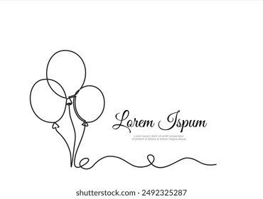 Continuous line  balloons. Holiday festive present gift concept. Birthday party decoration helium balloons silhouette design. Sketch outline drawing vector illustration