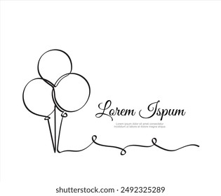 Continuous line  balloons. Holiday festive present gift concept. Birthday party decoration helium balloons silhouette design. Sketch outline drawing vector illustration