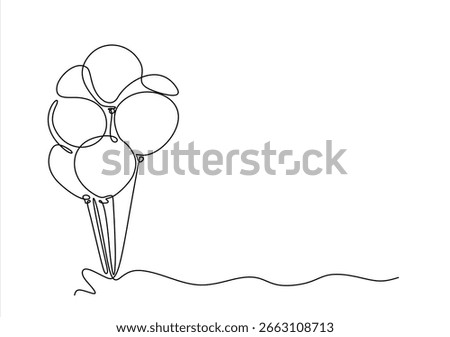 Continuous line balloons. Holiday festive present gift concept. Birthday party decoration helium balloons silhouette design. Hand drawn one line vector. Editable stroke	