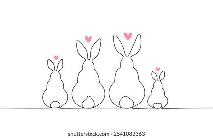 Continuous line banner family of rabbits. Cute silhouettes of bunnies with hearts. Concept of family relationships, love. Vector illustration, linear minimal style
