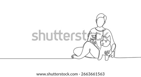 Continuous line banner, mistress with her pets. Animals, dog and cat. Care and love. Vector outline