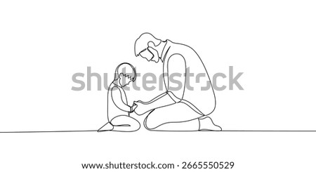 Continuous line banner, prayer. Man and child praying together on their knees. Christian concept. Vector illustration drawing